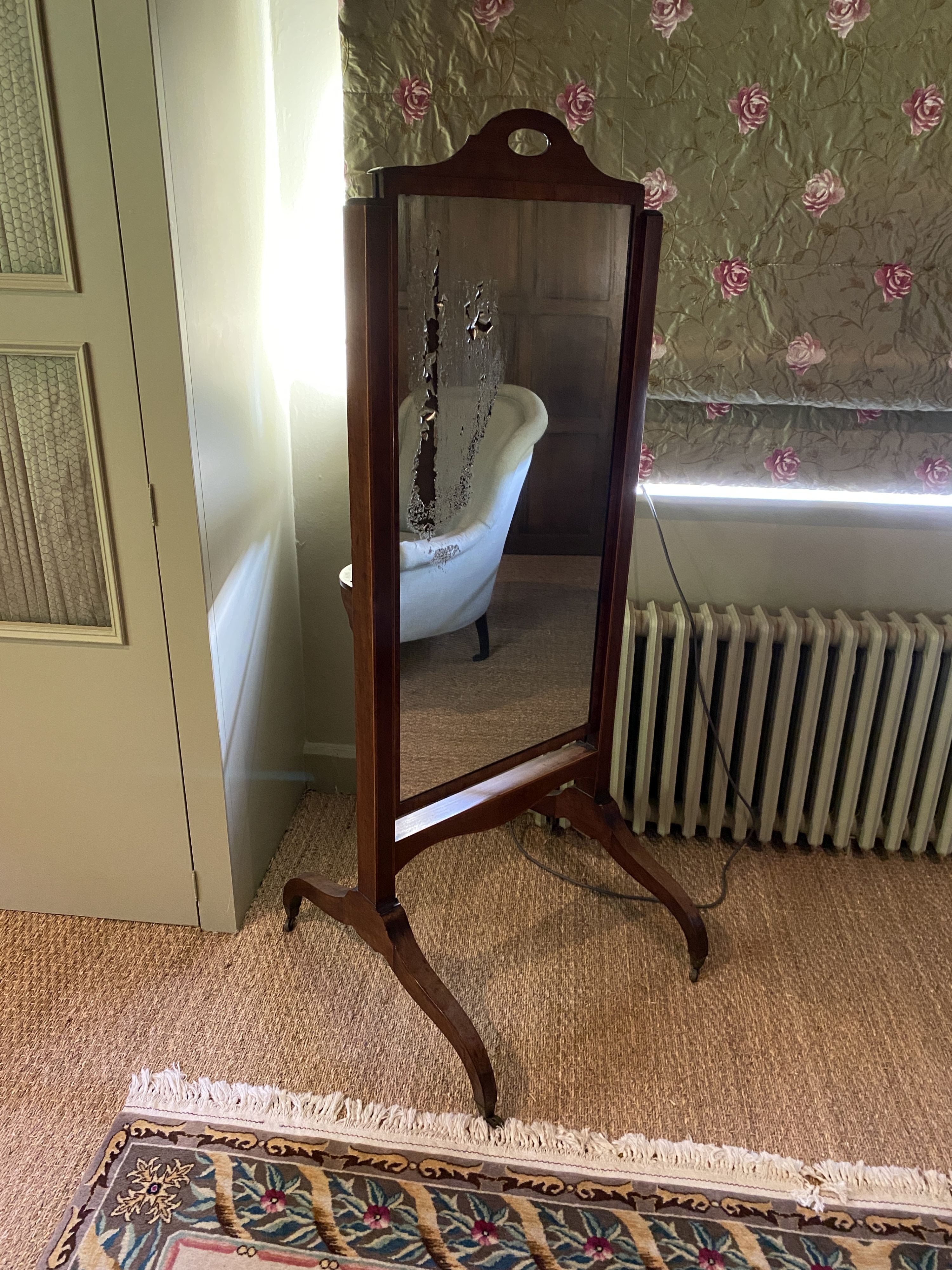 A Regency strung mahogany cheval mirror, with height adjustable plate, width 63cm height 159cm